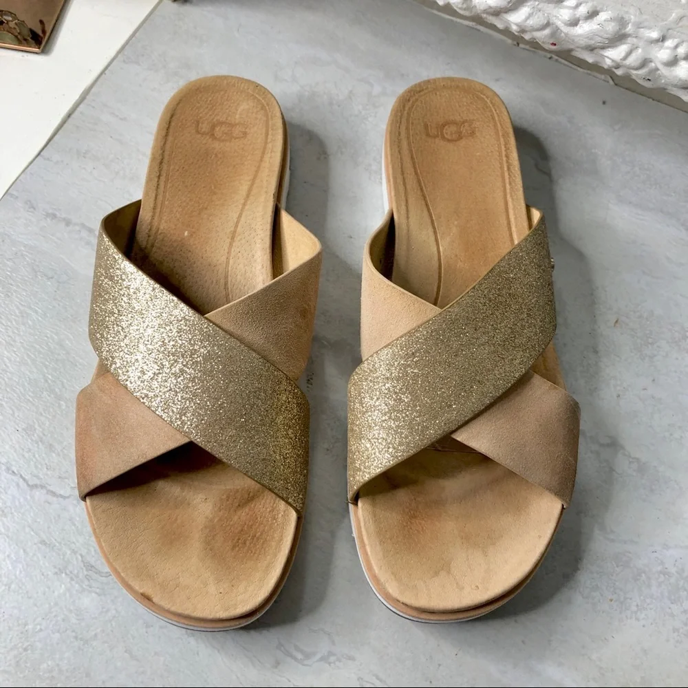 UGG Rose Gold Glitter Crisscross Slide Sandals